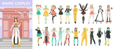 Manga festivali sembolleriyle Cosplay anime kompozisyonu düz izole vektör illüstrasyonu