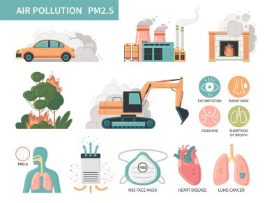 Hava kirliliği pm2.5 partikülleri kirlilik ikonlarına sahip düz bilgi grafikleri sağlık etkileri ve koruma yöntemleri vektör illüstrasyonu