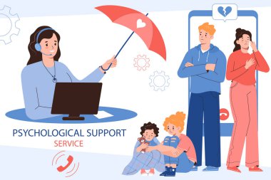 Depresyondaki çocuklara ve evli çift vektör illüstrasyonuna şemsiye sunan çevrimiçi psikologlu psikolojik destek servisi düz posteri