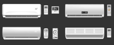 Uzaktan kumandalı farklı modern klimalar ve izole edilmiş siyah arkaplan vektör ilüstrasyonunda termostatlar.