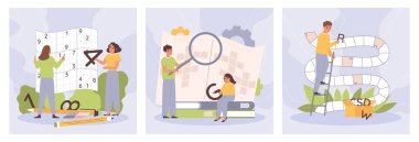 Çapraz bulmaca sudoku kümesi karalama insan karakterleri sayfa vektör illüstrasyonunda hücrelere harfler ekliyor