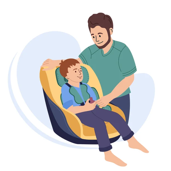 Παιδικό Κάθισμα Αυτοκινήτου Επίπεδη Σύνθεση Απομονωμένη Άποψη Του Πατέρα Στερέωση — Διανυσματικό Αρχείο