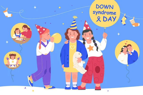 ダウンズ症候群フラットカラーコンセプトの子供たちは風船とセッティベクターのイラストで一日を祝います — ストックベクタ
