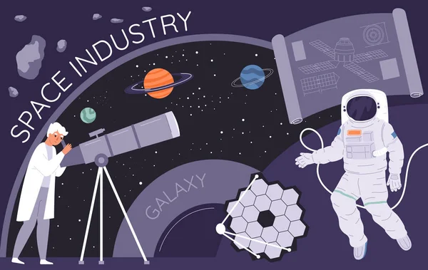 Collage Piatto Dell Industria Spaziale Con Astronauta Tuta Spaziale Scienziato — Vettoriale Stock