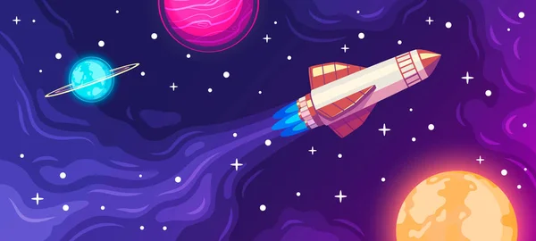 Cartoon Space Exploration Horizontal Poster Flying Rocket Vector Illustration — Stock Vector