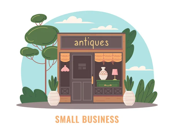 带有平面风格矢量插图古董店立面的小企业概念 — 图库矢量图片
