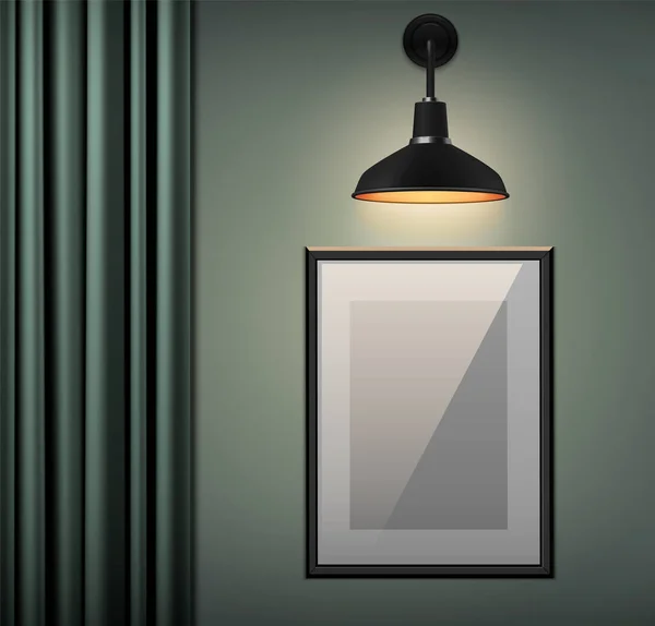 輝く壁ランプの空白の絵フレームおよびカーテン現実的なベクターのイラストが付いている現代部屋の内部 — ストックベクタ