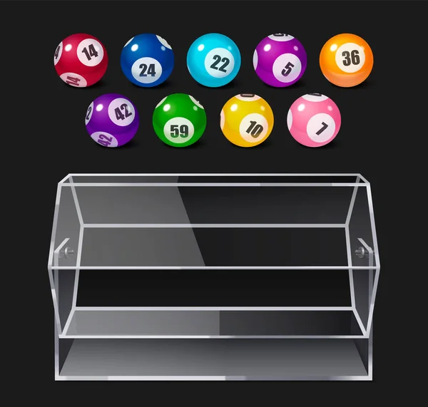 Bingo Realistyczny Skład Kolorowymi Kulkami Liczbami Plastikowym Bębnem Loterii Czarnym — Wektor stockowy