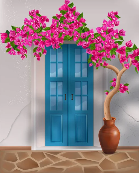 家の正面のドアの隣に粘土鍋で成長するブーゲンビルツリー 現実的な組成ベクターのイラスト — ストックベクタ