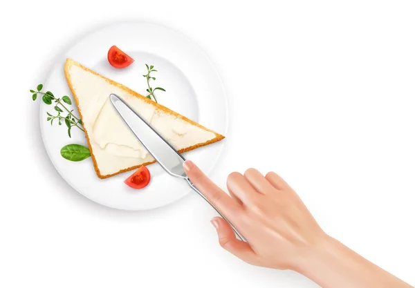 Süzme Peynirli Tost Kahvaltılık Gerçekçi Kompozisyon Tabağın Üst Görüntüsü Elinde — Stok Vektör