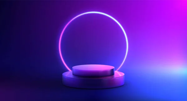 Glowing Neon Realistic Podium Composition Dark Background Circle Backlight Frame — Stock Vector