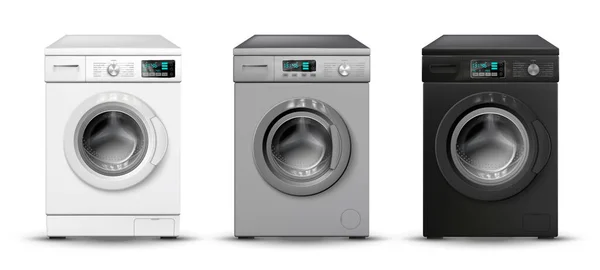 白い灰色および黒い洗濯機のベクトル イラストの3つの隔離されたイメージが付いている現実的な洗濯機色セット — ストックベクタ