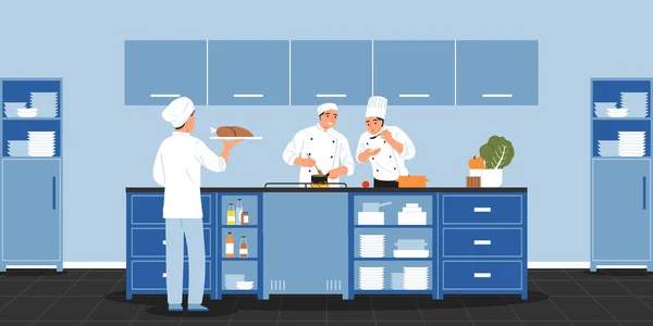 Composição Cozinheiros Com Personagens Doodle Três Cozinheiros Cozinhando Alimentos Grande —  Vetores de Stock