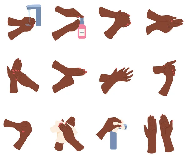 Persoonlijke Hygiëne Kleur Set Van Zwarte Menselijke Handen Wassen Geïsoleerd — Stockvector