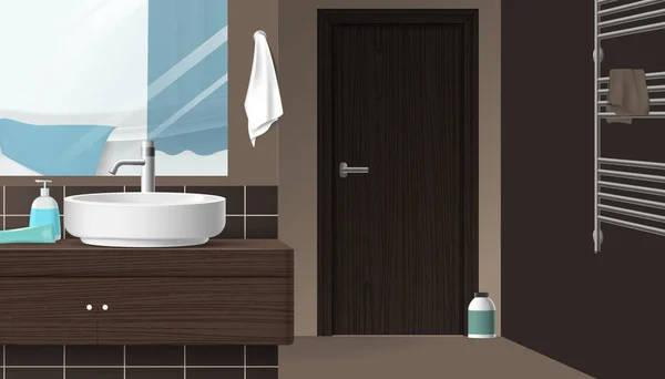 具有现实风格和褐色色调的现代浴室内部 带有脸盆大镜子和塔架矢量插图 — 图库矢量图片