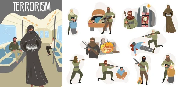 Terrorisme Terreur Plat Composition Avec Shahid Kamikaze Femme Dans Métro — Image vectorielle