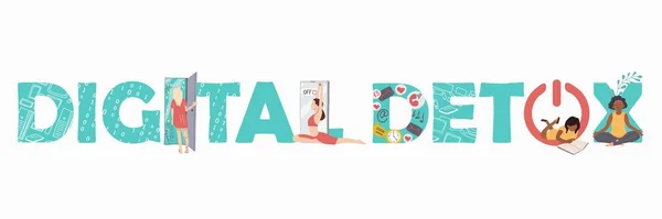 Düz Insan Karakterli Dijital Detoks Metni Pankartı Telefonlardan Ayrılıp Yoga — Stok Vektör