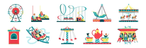 Amusement Park Elementen Platte Set Met Carrousels Ferris Wiel Achtbaan — Stockvector