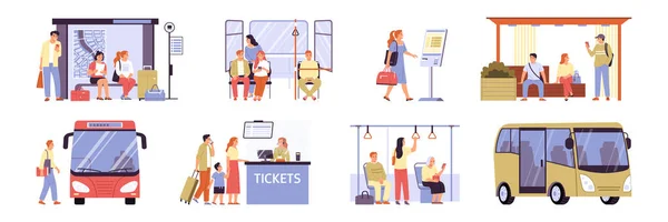 Conjunto Personas Que Viajan Autobús Con Equipaje Utilizando Terminal Billetes — Vector de stock