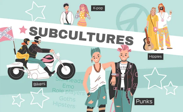 Subkultur Människor Sammansättning Med Collage Platta Ikoner Med Cyklister Punks — Stock vektor