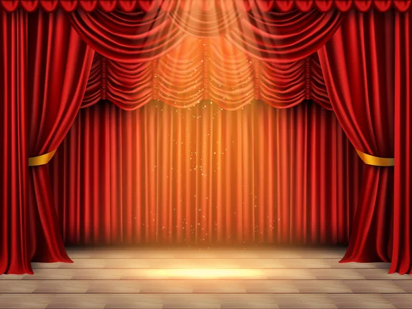 現実的なカーテンは光と背景ベクターのイラストのスポットと劇場段階の正面の構成を構成します — ストックベクタ