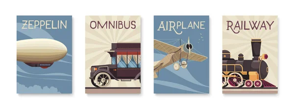 Ensemble Affiches Transport Passagers Vintage Avec Avion Zeppelin Illustration Vectorielle — Image vectorielle