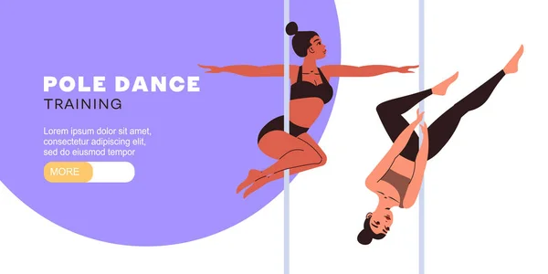 平面风格的水平网站横幅 有两名苗条女子练习撑杆舞矢量图解 — 图库矢量图片
