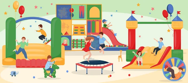 Springen Auf Trampolin Komposition Mit Figuren Von Kindern Springen Auf — Stockvektor