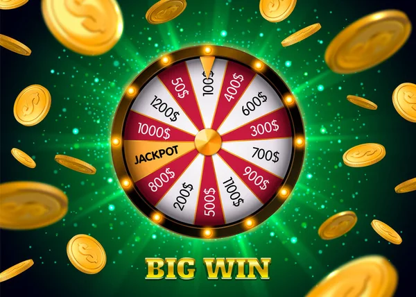 Big Win Jackpot Bingo Lottery Realistic Poster Roulette Green Shiny — Stock Vector