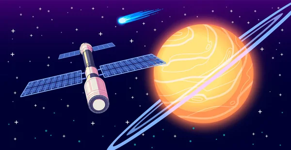 Cartoon Poster Zur Weltraumforschung Mit Saturierter Und Kosmischer Vektor Illustration — Stockvektor
