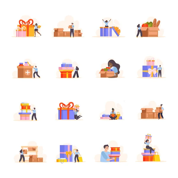 Люди Коробками Набір Плоских Ізольованих Іконок Каракулевими Людськими Персонажами Святковими — стоковий вектор