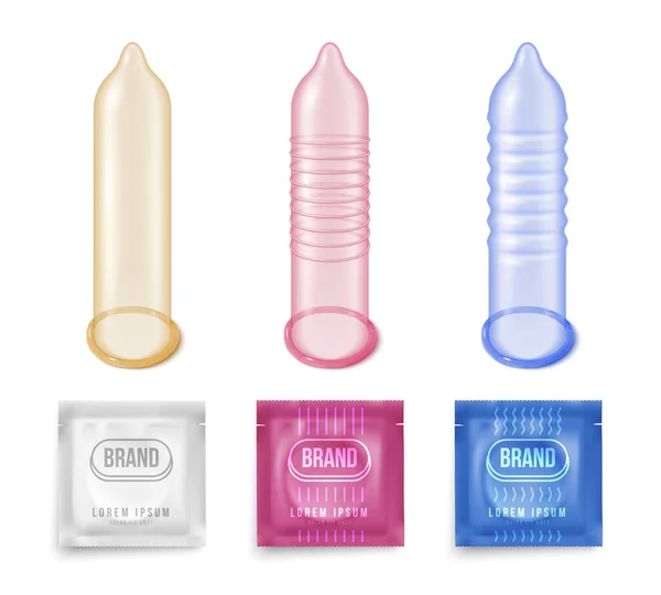Realistický Kondom Sada Izolovaných Ikon Žebrovanými Kondomy Různé Barvy Značkové — Stockový vektor