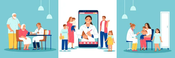 Aile Doktorlarının Aile Üyelerinin Doktorlarla Akıllı Telefon Vektör Çizimleriyle Randevusu — Stok Vektör