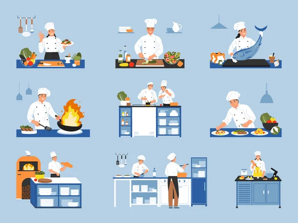 Cocinas Color Conjunto Iconos Aislados Composiciones Cocineros Chef Uniforme Con — Vector de stock