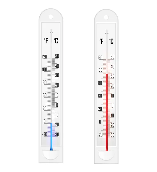 Previsiones Meteorológicas Verticales Simulan Con Escalas Celsius Fahrenheit Conjunto Realista — Vector de stock