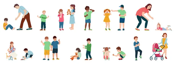 Детское Поведение Плоские Иконки Цвета Родителями Детьми Различными Эмоциями Изолированные — стоковый вектор