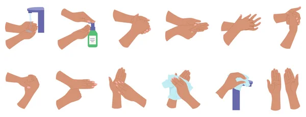 ヘルスケアフラットアイコン ステップバイステップの詳細な視覚的な指示によって手を洗うことのセット 隔離されたベクターのイラスト — ストックベクタ