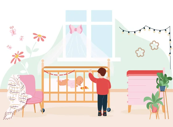 ベッド漫画ベクターイラストに横たわっている新生児を見ている兄との赤ちゃんの開発フラットな背景 — ストックベクタ