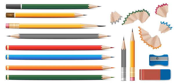 Crayons Couleur Bois Ensemble Réaliste Avec Gomme Aiguiseur Fond Blanc — Image vectorielle