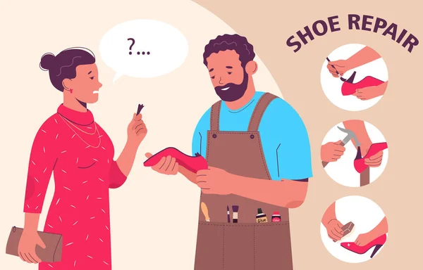 Ayakkabı Onarımı Ayakkabı Topuğu Kırığı Illüstrasyonuyla Tamirciye Gelen Kadınla Aynı — Stok Vektör