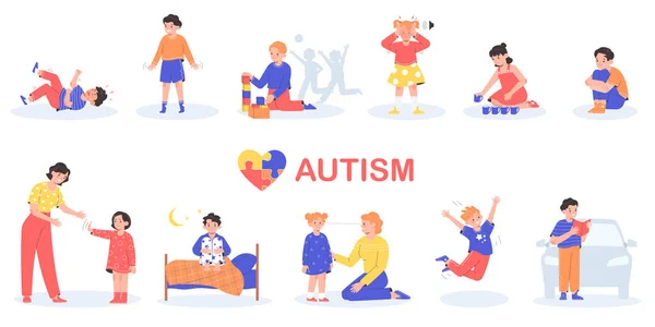 Autism Flat Set Children Suffering Autistic Spectrum Disorder Isolated Vector — Stock Vector
