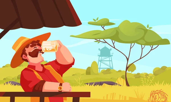 Birra Cartoni Animati Poster Con Uomo Adulto Bere Bevanda Vetro — Vettoriale Stock