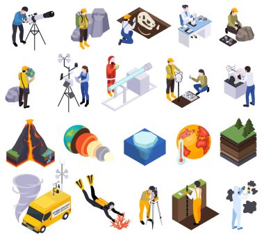 Dünya bilimleri jeoloji petrolojisi sismoloji volkanoloji izometrik set doğal afetlerin izole ikonları ve işçi vektör ilüstrasyonları