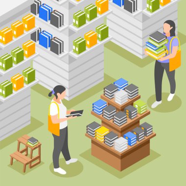 Kitapçı eşölçülü arkaplan, kadınların mağaza vektör illüstrasyonunda kitap seçmeleri