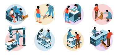 Veteriner kliniğinde veterinerlerin evcil hayvanları ve sahipleriyle izometrik kompozisyonlar dizisi izole edilmiş vektör çizimi