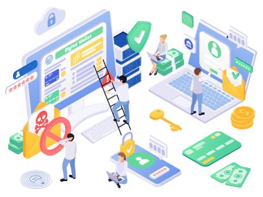 Güvenli ödeme izometrik kompozisyonu posta simgeli bilgisayarların izole görüntüsü, kalkanlar kilitleri ve insan vektör illüstrasyonu