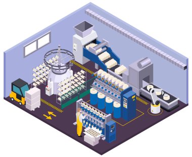 Tekstil endüstrisi izometrik bileşimi, makine birimleri forklift ve taşıyıcı vektör illüstrasyonuyla izole edilmiş üretim tesisi görüntüsüyle