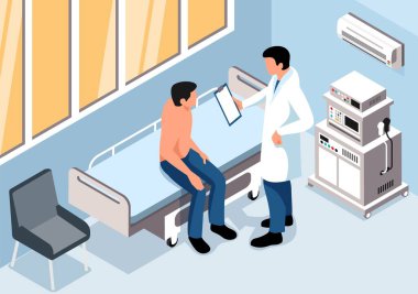 Erkek hasta, sağlık kontrolünden sonra izometrik vektör çizimi sırasında doktorla konuşuyor.