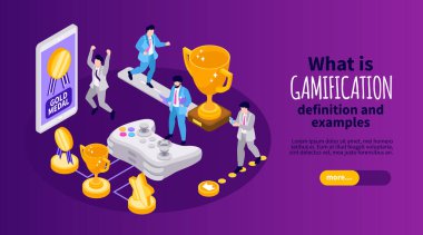 Gamification izometrik yatay afiş nedir iş karakterleri online oyun oynar ve 3d vektör illüstrasyon altın madalya kazanır