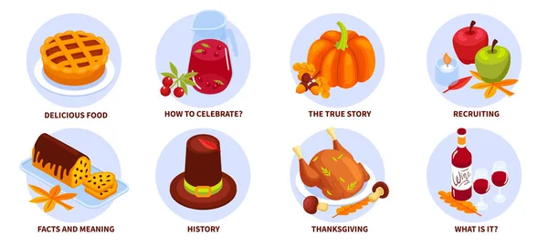 感謝祭は幾何学的な円形の構成は美味しい食べ物およびお祝いの付属品の単離されたベクターのイラストを意味する歴史的事実を示しました — ストックベクタ